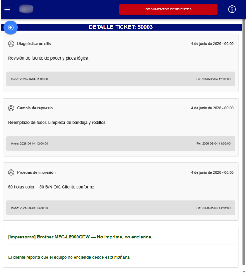 Detalle de ticket con subtareas